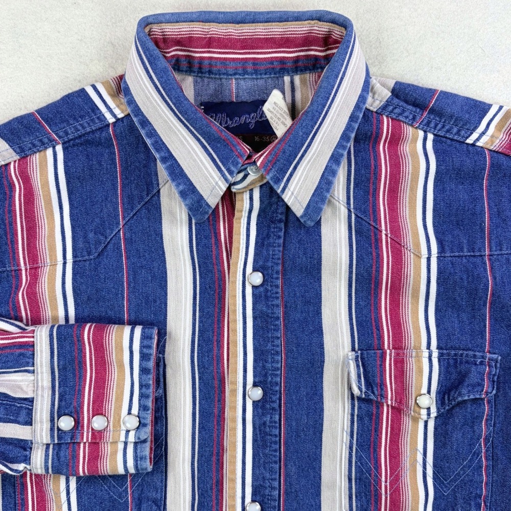 Wrangler Brushpopper Mens Denim Western Pearl Snap Shirt XL Long Tails Red Blue